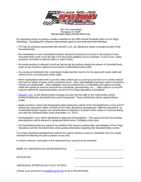 The media agreement for the Snowball Derby at Five Flags Speedway.